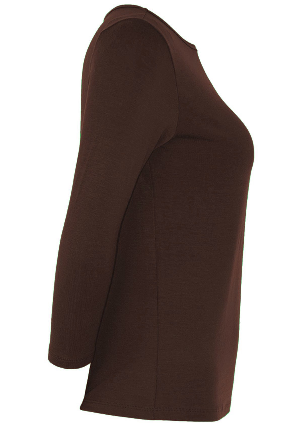 Side view of 3/4 sleeve soft, stretch rayon jersey top with boat neckline in dark brown