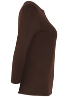 Side view of 3/4 sleeve soft, stretch rayon jersey top with boat neckline in dark brown