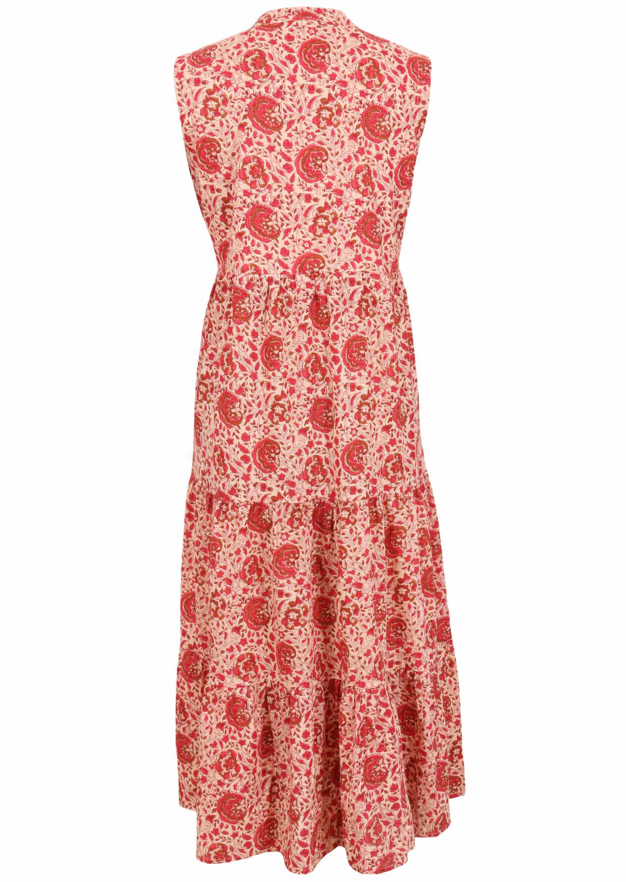 Back view of 100% cotton sleeveless maxi dress with 3 tiered skirt, mandarin collar and buttoned bodice
