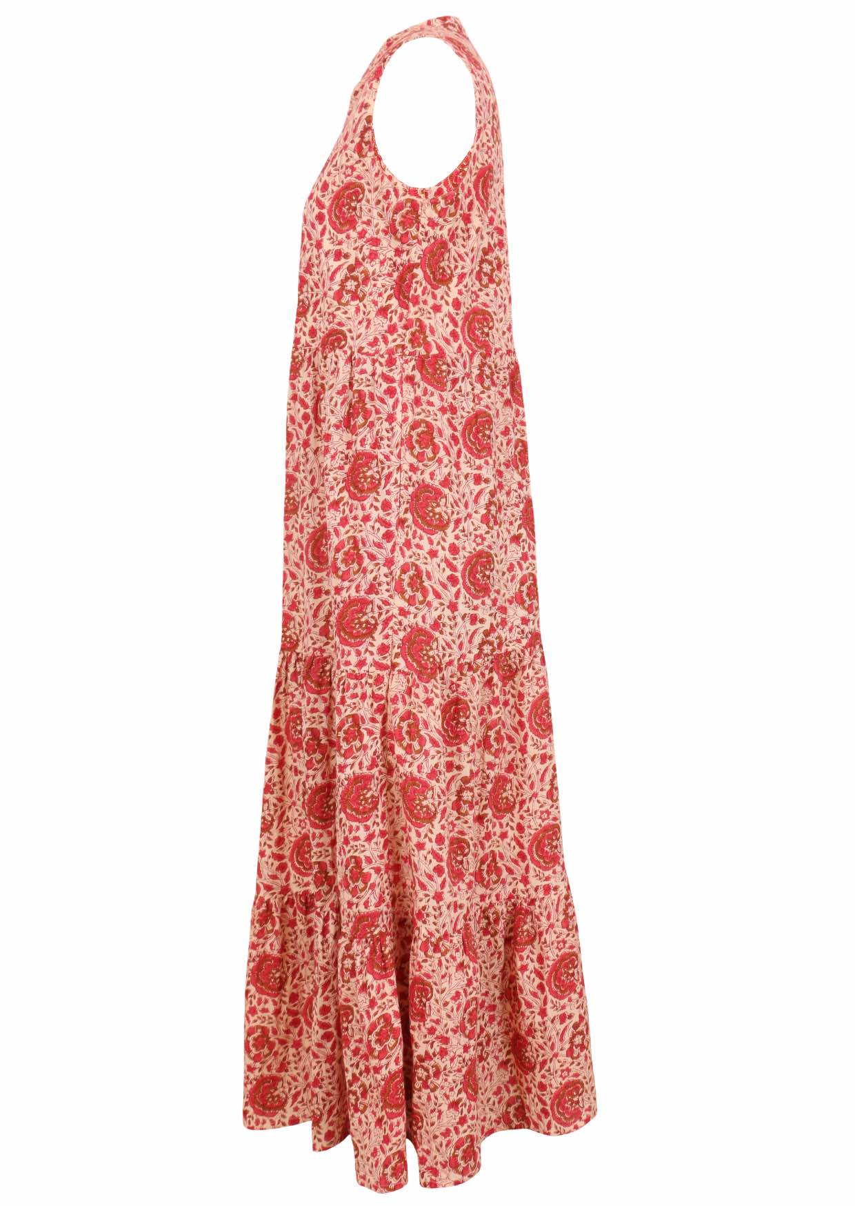 100% cotton sleeveless maxi dress with hidden side pockets and warm floral print on cream based.