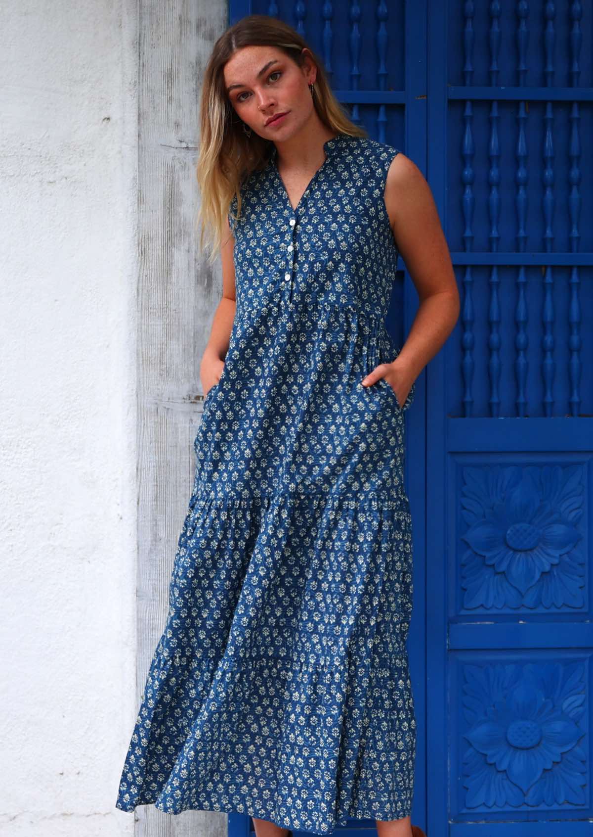 V-neckline with a mandarin style collar and buttoned bodice cotton maxi dress