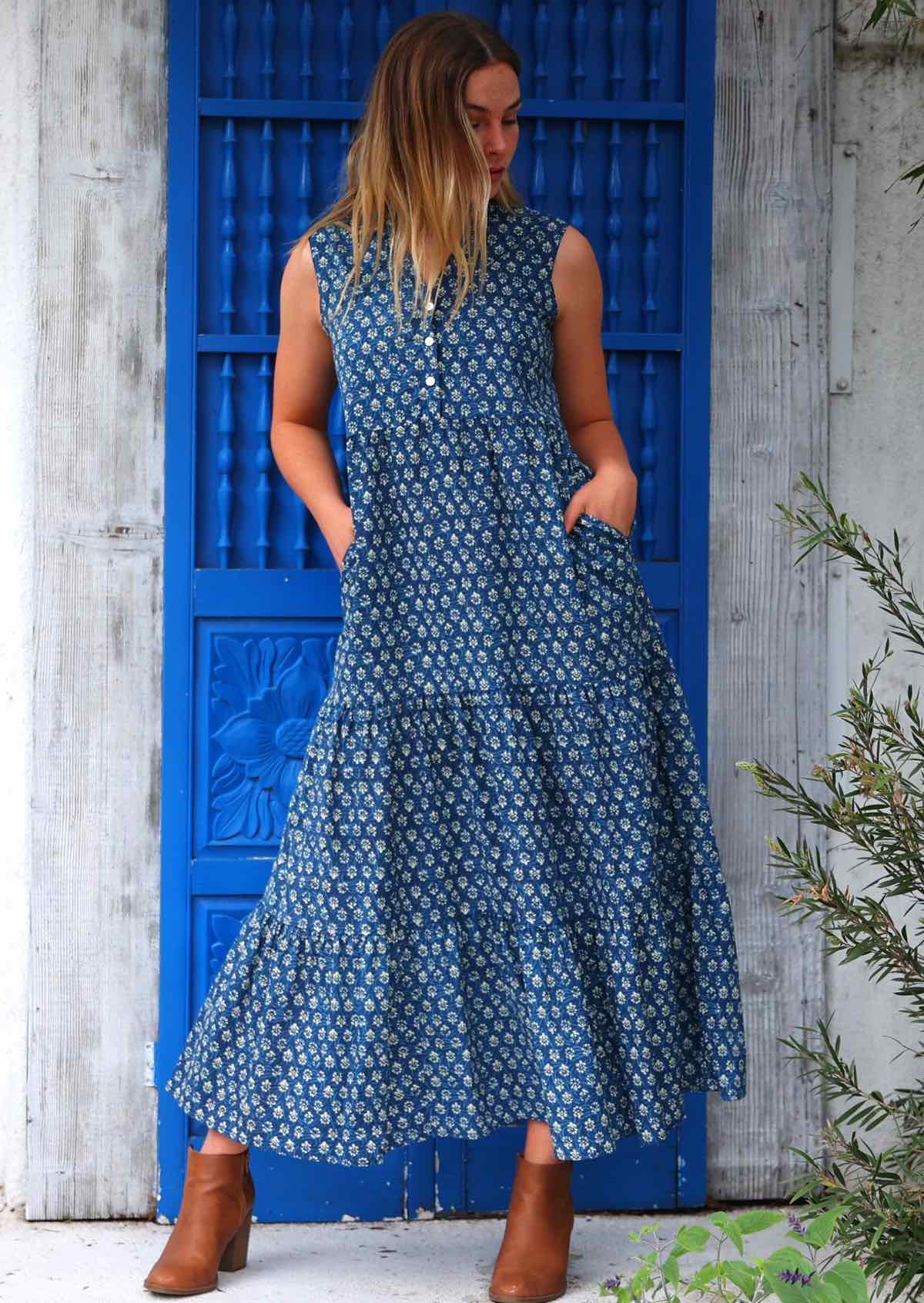 100% cotton sleeveless maxi dress with hidden side pockets