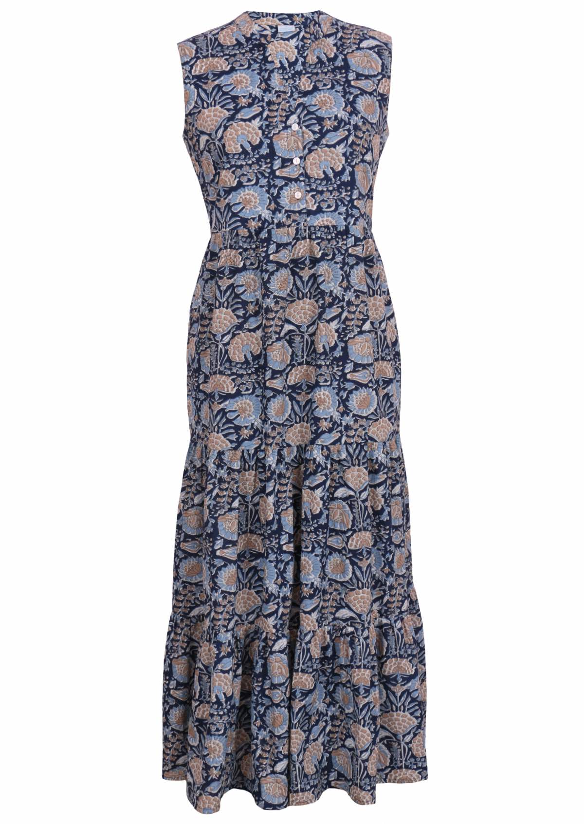 Gorgeous blue and taupe floral print on dar blue base cotton maxi dress