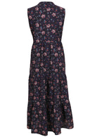 Back mannequin photo of cotton sleeveless floral maxi dress with three tiered skirt