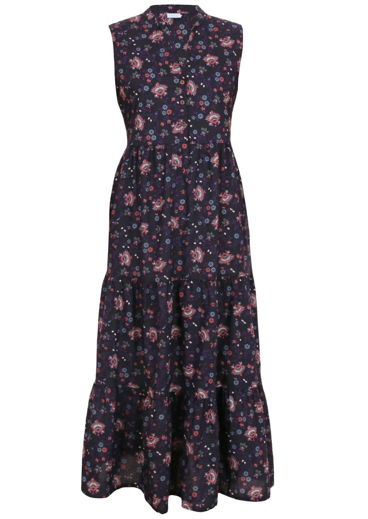 Front mannequin photo of cotton sleeveless floral maxi dress with buttoned bodice