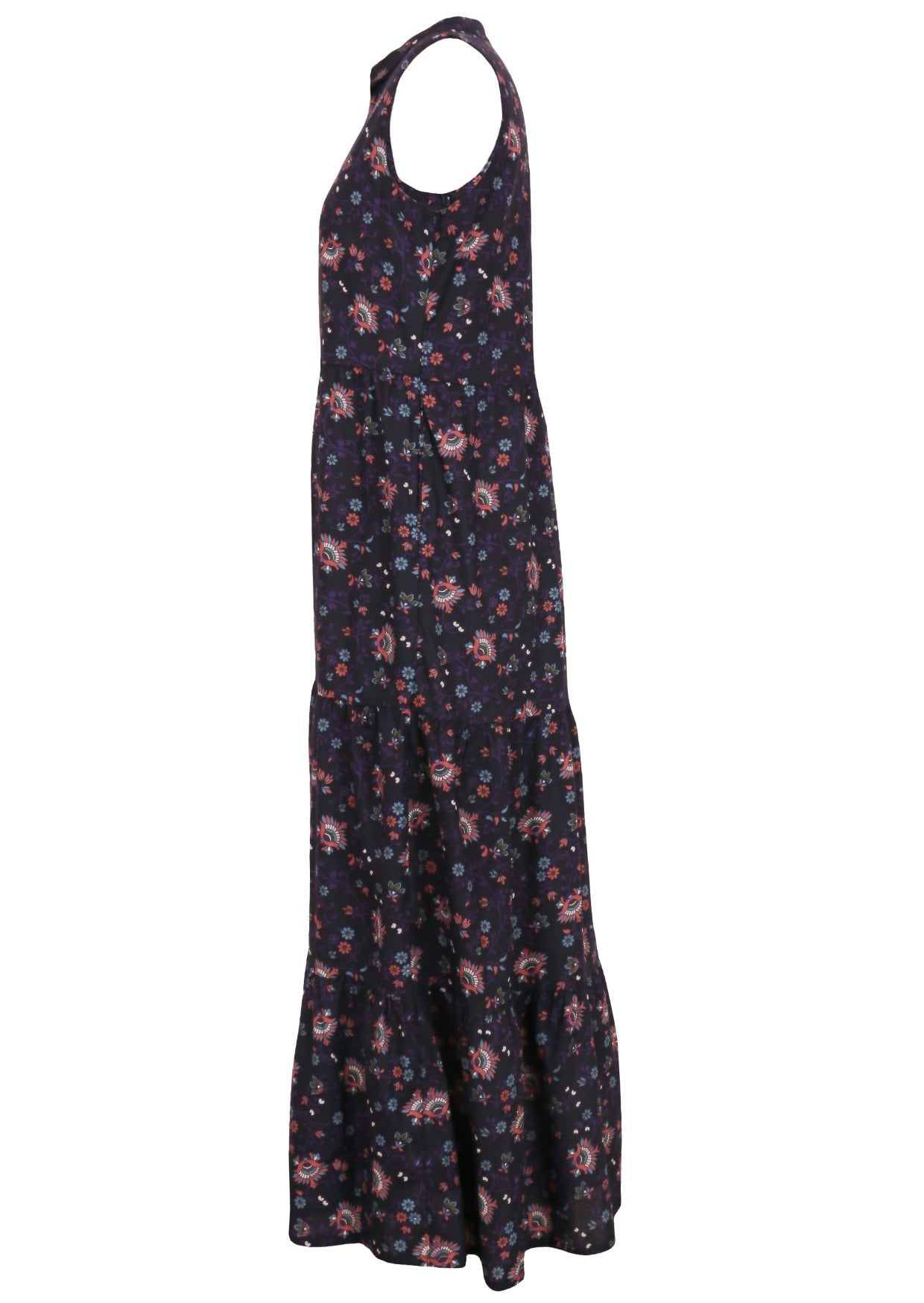 Side mannequin photo of cotton sleeveless floral maxi dress with hidden side pockets