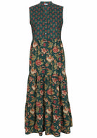 Sleeveless floral cotton maxi dress in bottle green with buttoned bodice, mandarin collar and 3 tiered maxi skirt 