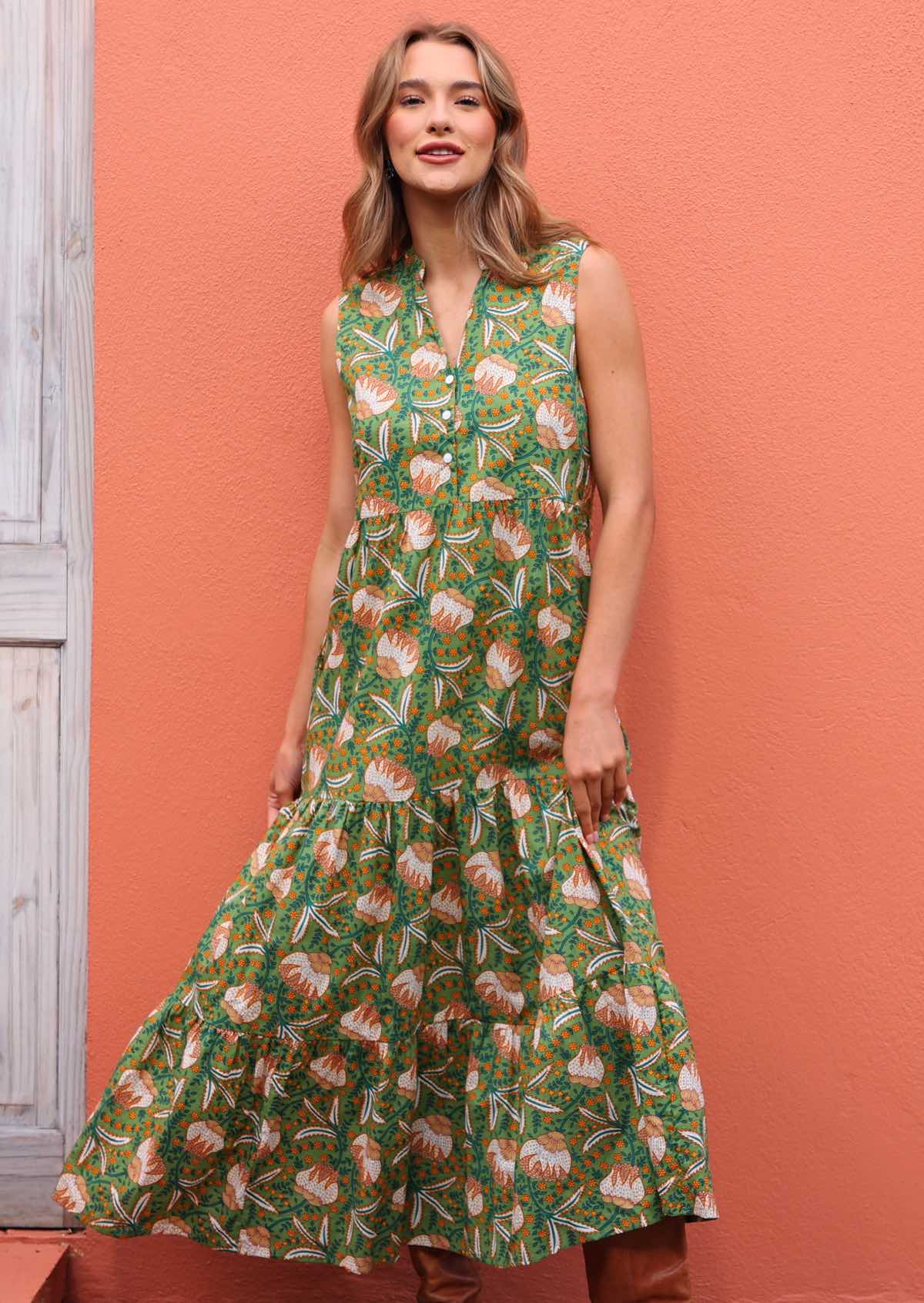 Lightweight cotton on trend sleeveless boho maxi dress with floaty skirt and hidden side pockets