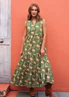 100% cotton sleeveless boho maxi dress in gorgeous green floral print