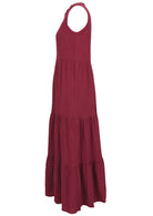 Side mannequin photo of double cotton sleeveless maxi dress with hidden side pockets