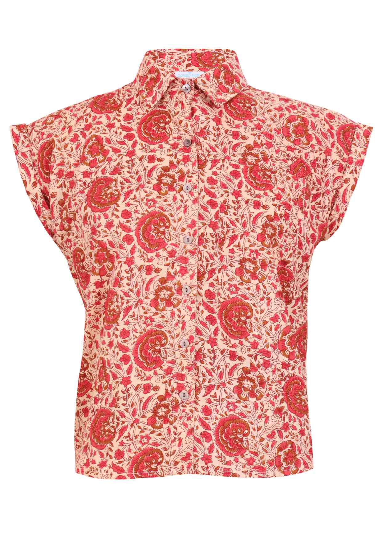 Cream based warm floral print cotton shirt on a mannequin against a white background