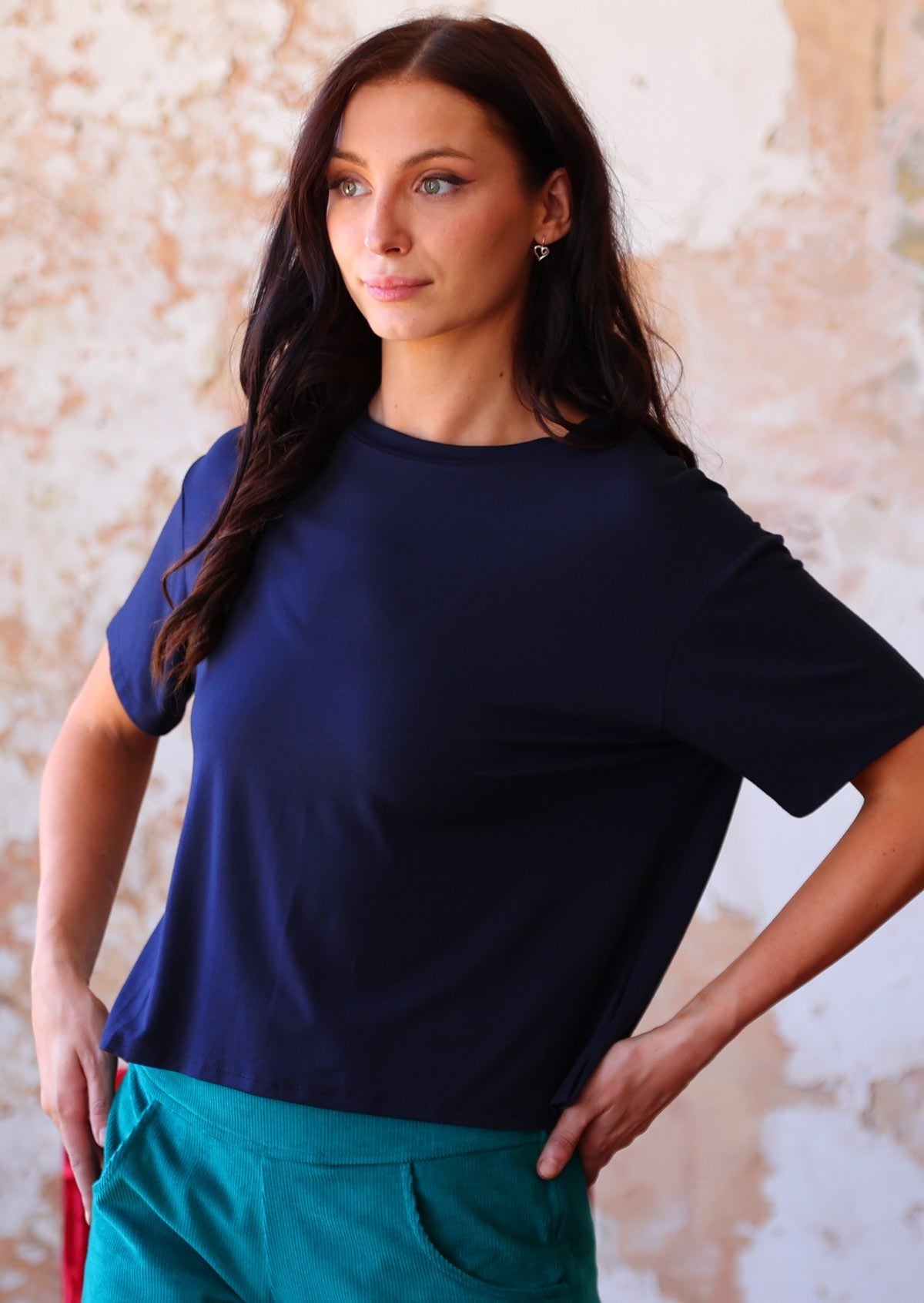 woman in navy blue rayon loose fit tee