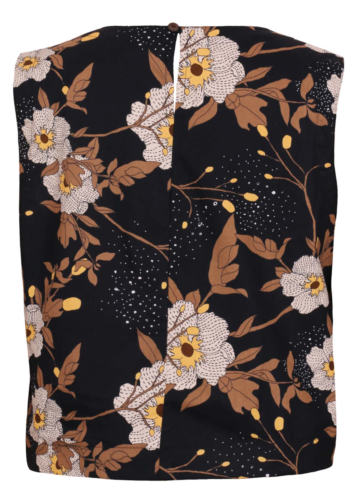 Back view of black based floral print cotton top on a white background.