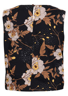 Back view of black based floral print cotton top on a white background.