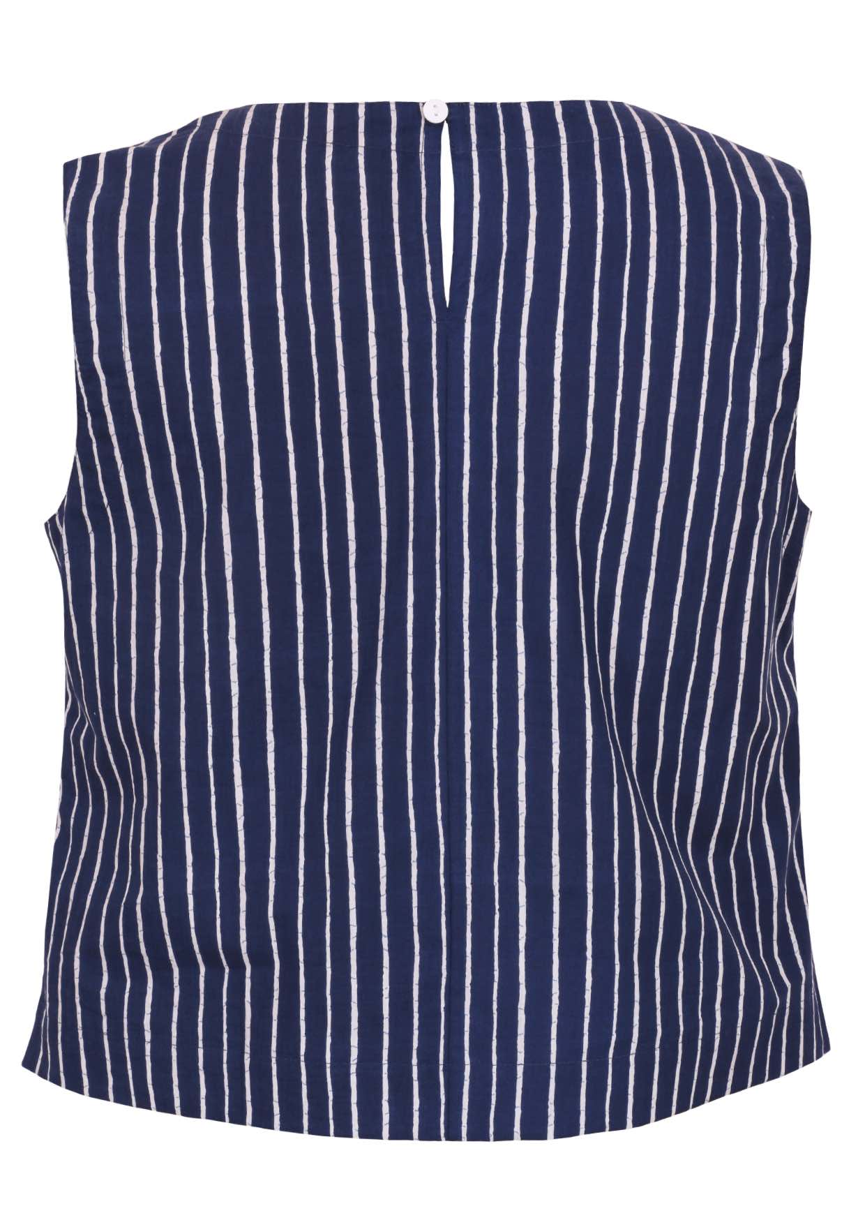 Back view of navy blue based print cotton top on a white background.