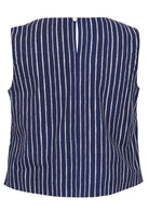 Back view of navy blue based print cotton top on a white background.