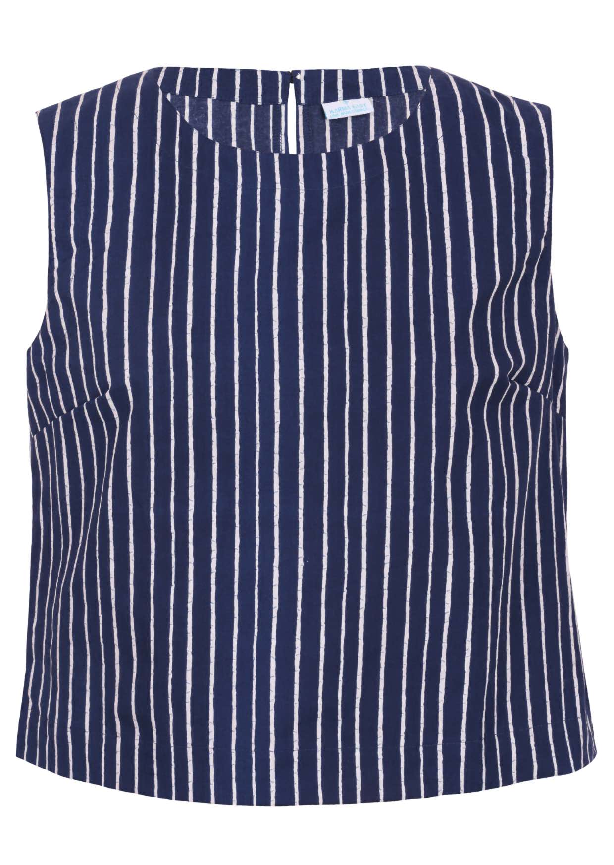 Navy blue based print cotton top with round neckline.