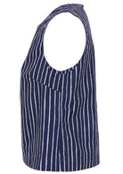 side view of navy blue based print cotton sleeveless top.