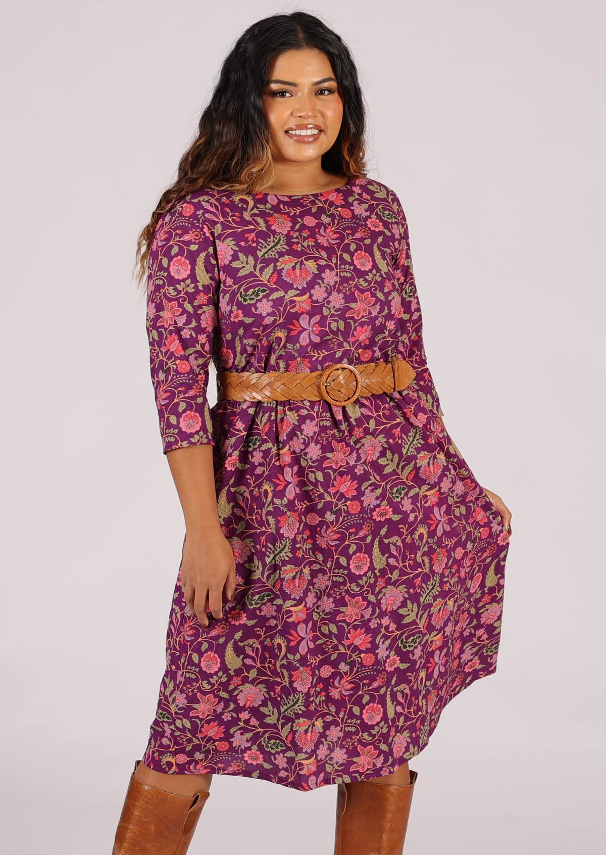 Sweet floral print cotton dress looks great belted