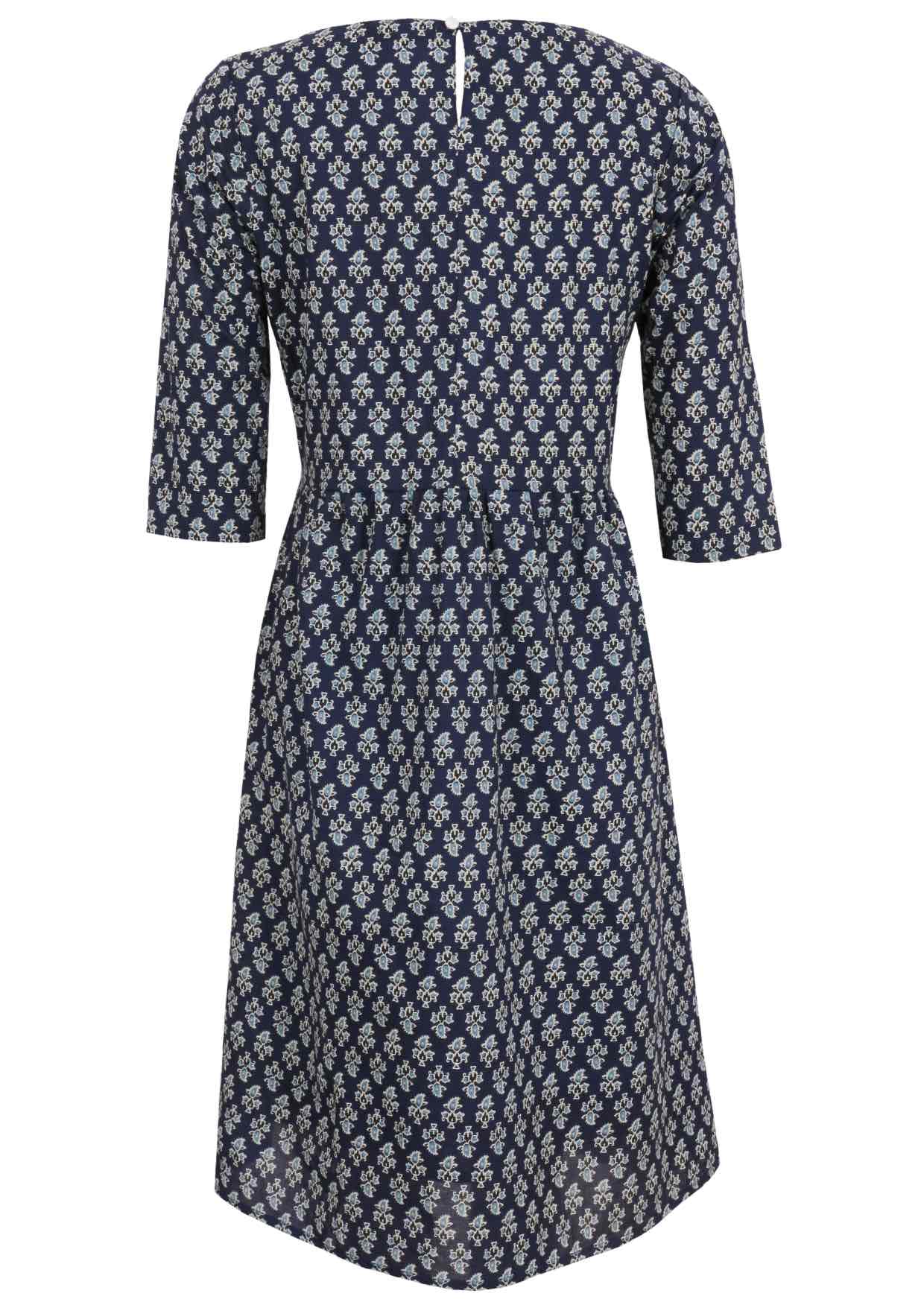 Below knee length 100% cotton dress in navy blue based floral print with 3/4 sleeves and keyhole button closure at the back.