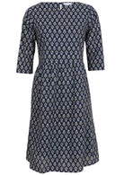Lightweight cotton below knee length dress with 3/4 sleeves and round neckline in navy blue based floral print.