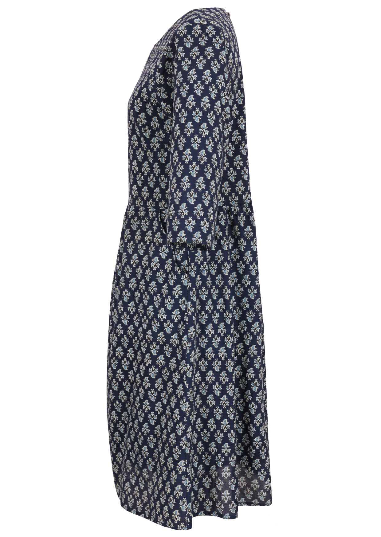 Navy blue floral print cotton dress with 3/4 sleeves, pockets and wide round neckline.