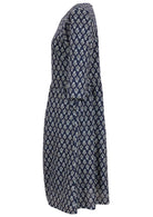 Navy blue floral print cotton dress with 3/4 sleeves, pockets and wide round neckline.