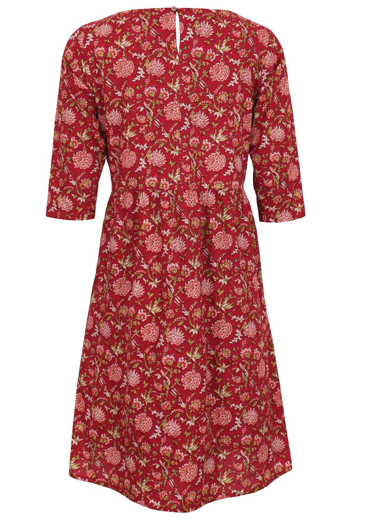 Back image of 100% cotton dress with 3/4 sleeves and key hole button closure at the back.