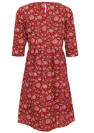 Back image of 100% cotton dress with 3/4 sleeves and key hole button closure at the back.