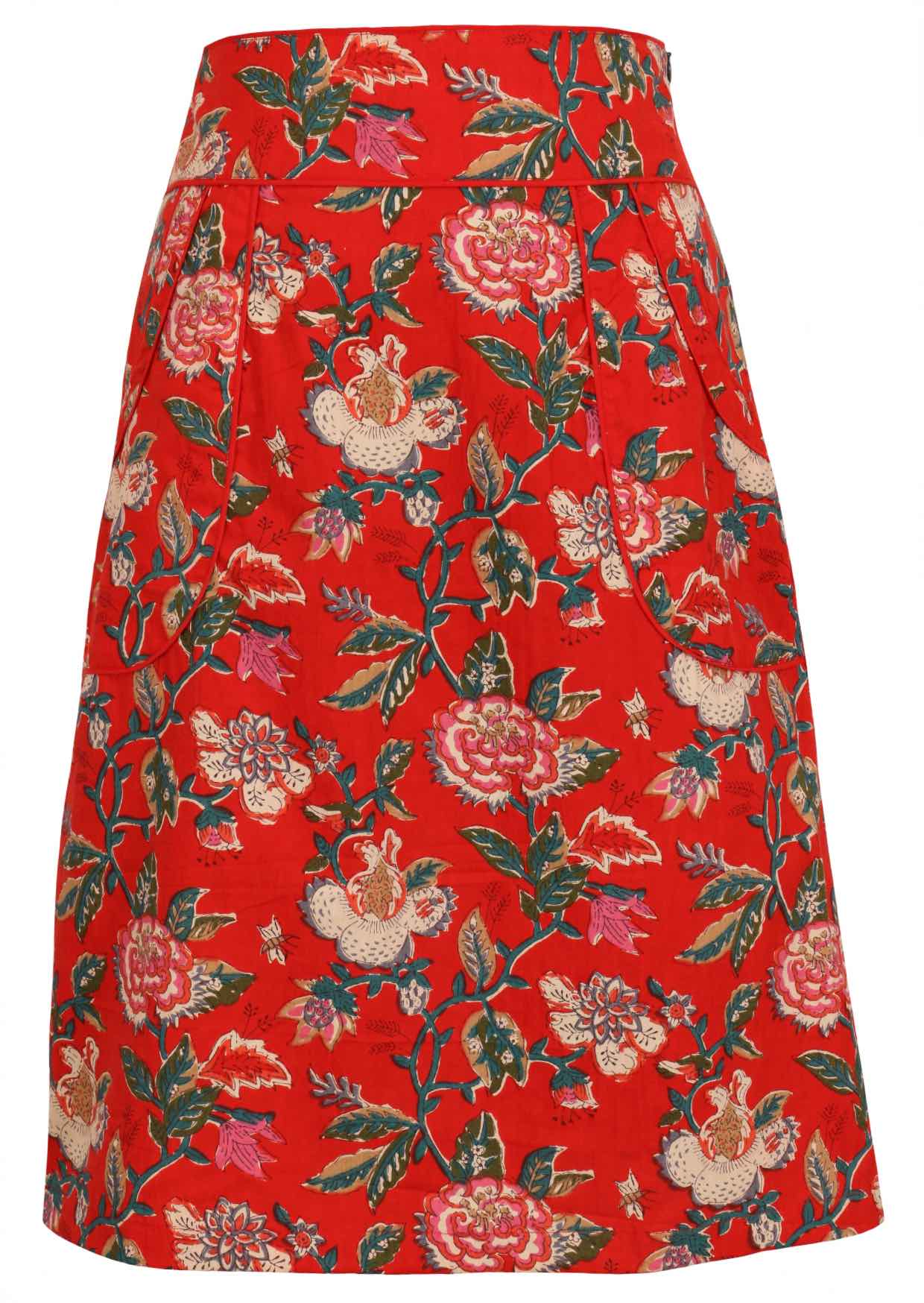 Back view of cotton pencil skirt with piped details around the waistband and small split at middle bottom hem