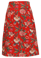 Back view of cotton pencil skirt with piped details around the waistband and small split at middle bottom hem