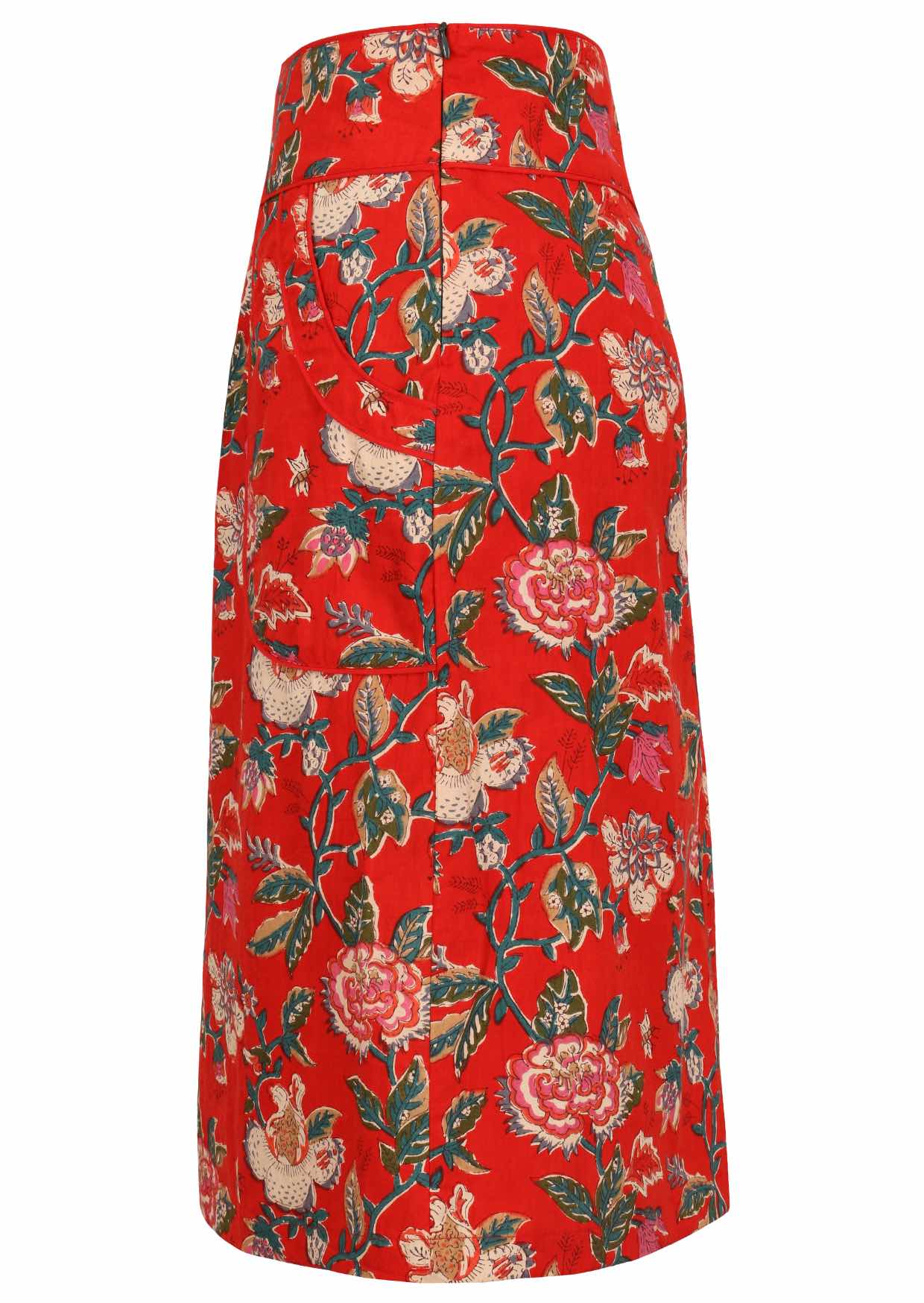 Side view of knee-length cotton pencil skirt with side zipper and piped details in red based floral print