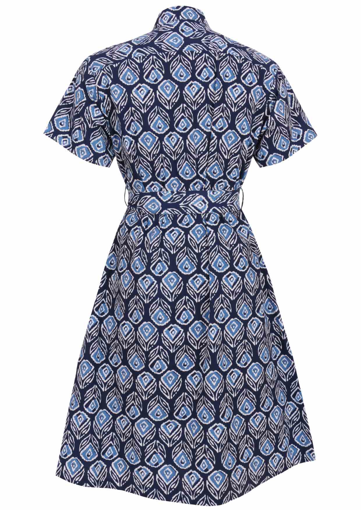 Button through cotton shirt dress with short sleeves, pockets and structured collar