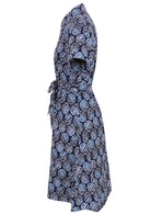 100% cotton shirt style maxi dress with removable fabric waist tie and side pockets in a navy blue based print