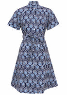 Button through shirt style cotton dress with collar, short sleeves and fabric waist tie 
