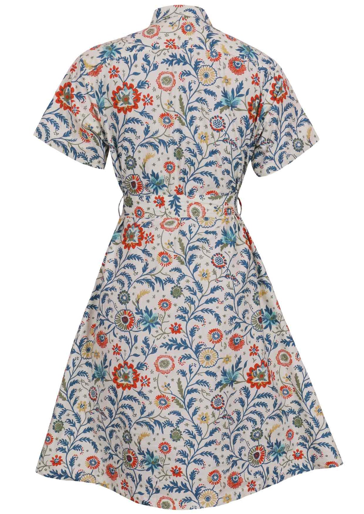 Button through cotton shirt dress with short sleeves, pockets and structured collar