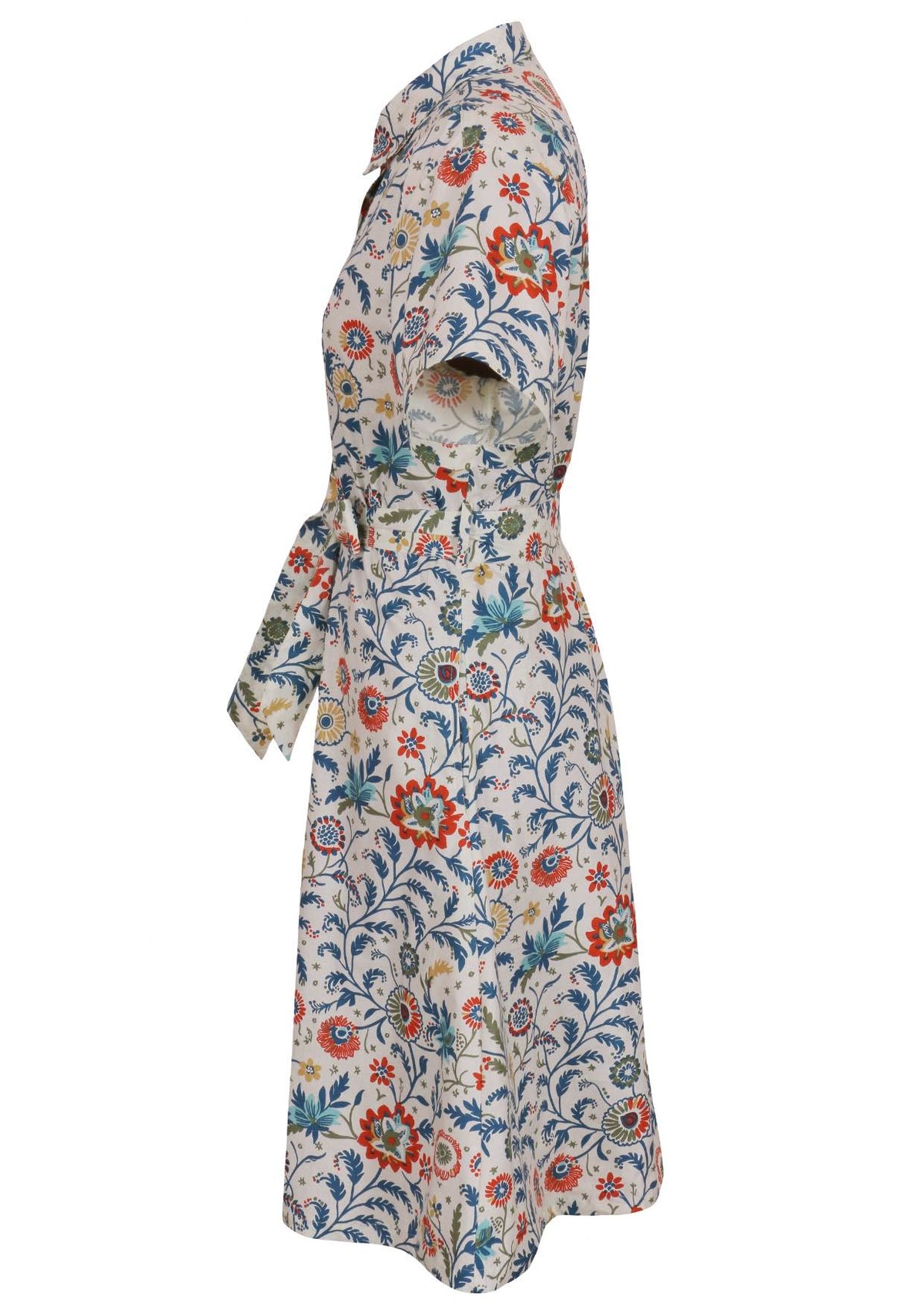 100% cotton shirt style maxi dress with removable fabric waist tie and side pockets in a white based floral print