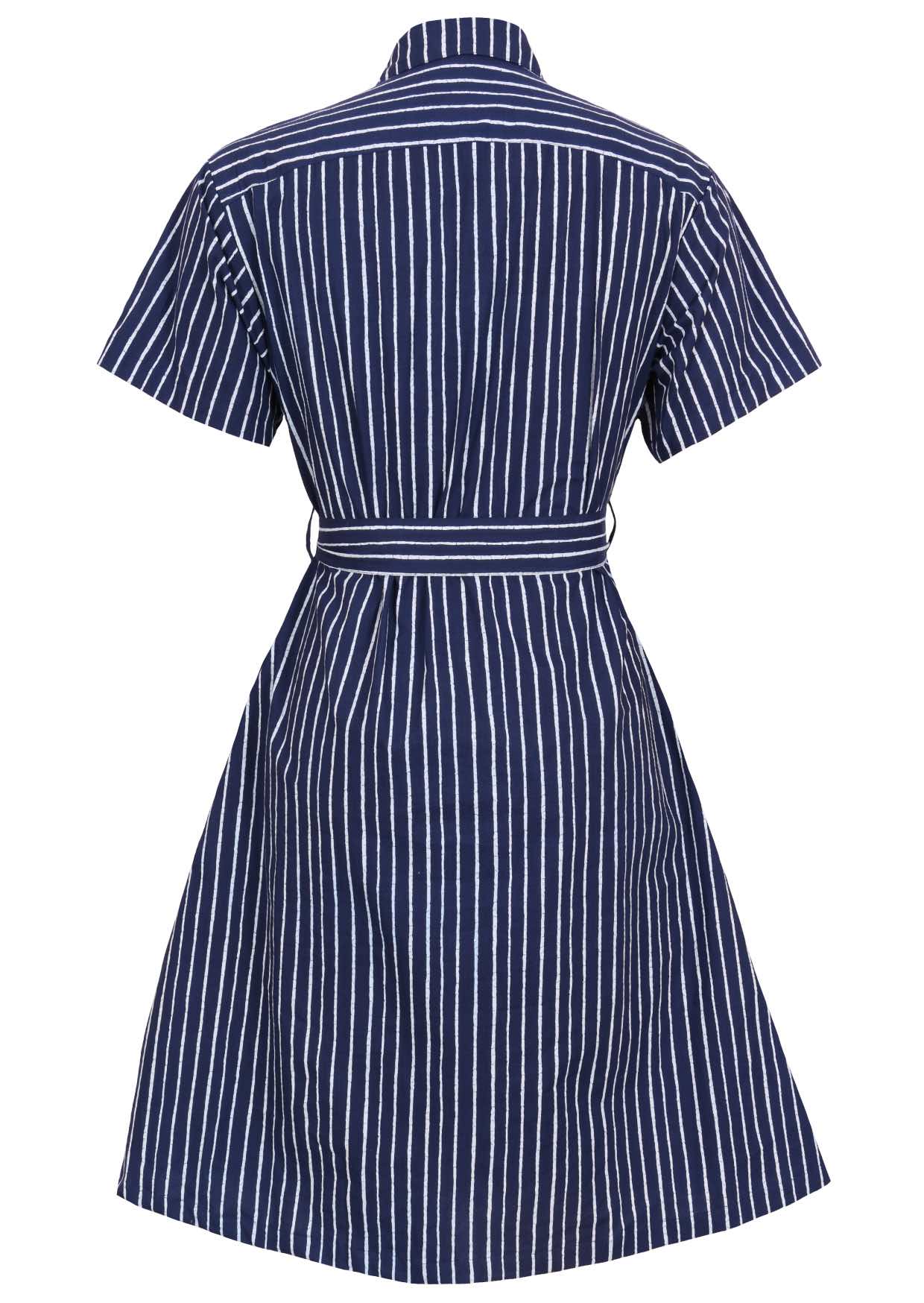 Button through cotton shirt dress with short sleeves, pockets and structured collar