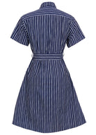 Button through cotton shirt dress with short sleeves, pockets and structured collar