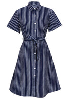 Button through shirt style cotton dress with collar, short sleeves and fabric waist tie 