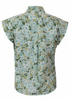 Back view of pale sage green based daisy print cotton shirt with collar and central bow pleat in centre of back