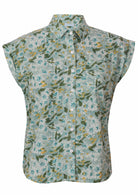 Pale sage green based daisy print cotton button through shirt with collar and cap sleeves