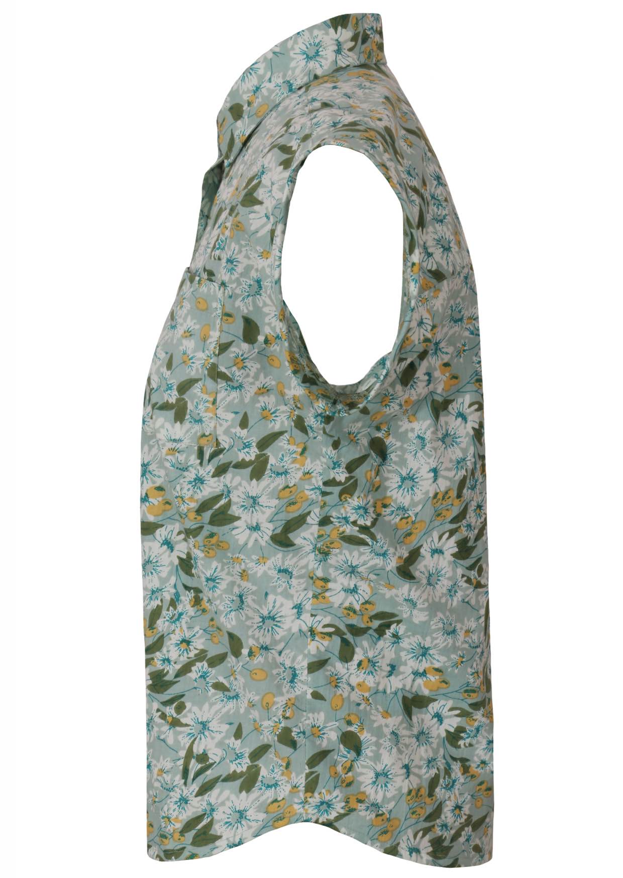 Side view of pale sage green based daisy print cotton button through shirt with collar and cap sleeves