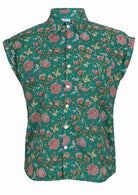 Front mannequin photo of cotton slim fit cap sleeved button through shirt with collar in floral with jade green base