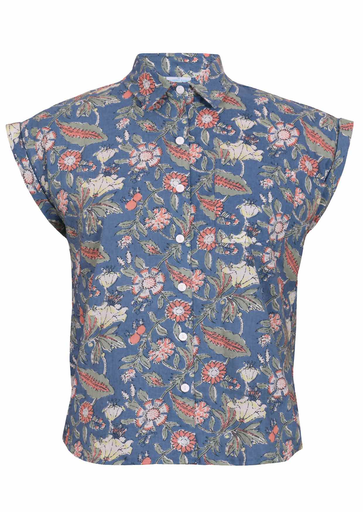 Cotton slim fit cap sleeved button through shirt with collar, shell buttons and one chest pocket 