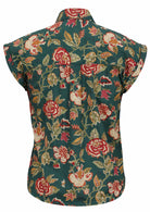 100% natural cotton slim-fit floral print shirt in green base, with cap sleeves and folded cuffs, collar and shell buttons