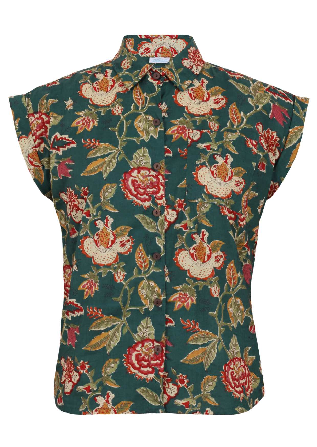 Button up cotton shirt with structured collar, folded cuff sleeves and a box pleat at the centre back