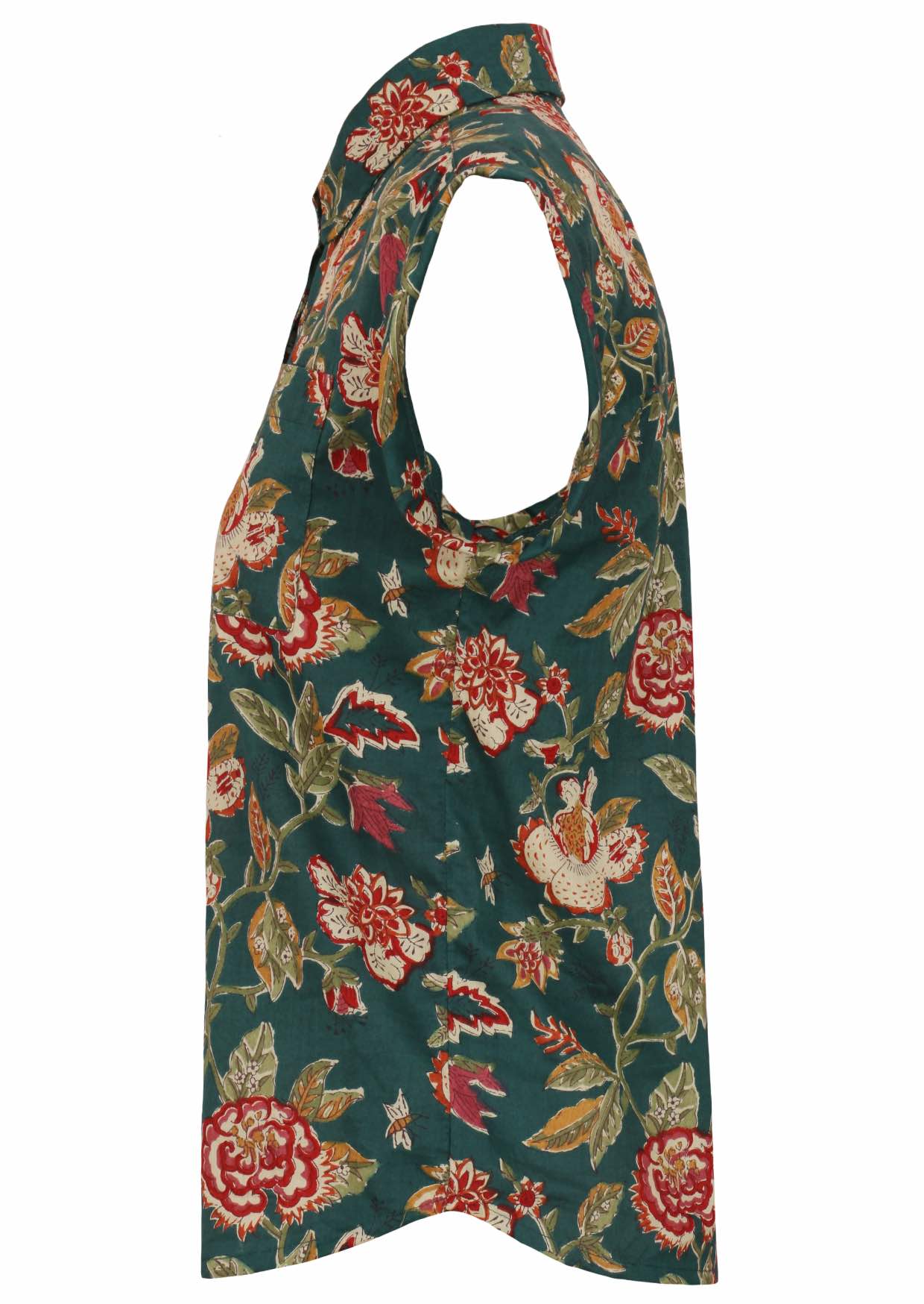 Side view of lightweight floral cotton button up shirt with folded cuff sleeves and one breast pocket 