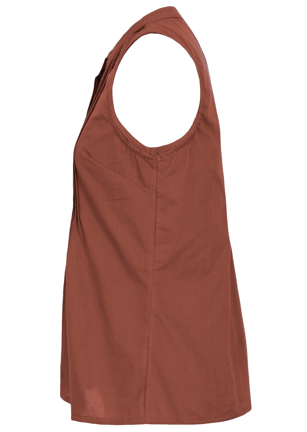 Side view of sleeveless cotton top with high round neckline, flared fit and mandarin collar