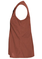 Side view of sleeveless cotton top with high round neckline, flared fit and mandarin collar